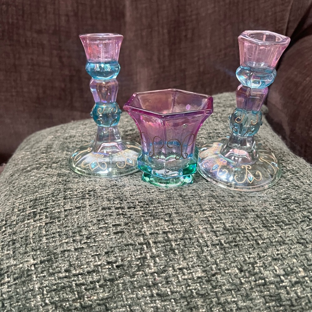 PartyLite Iridescent Purple and Teal Candle Holder Set and votive holder.